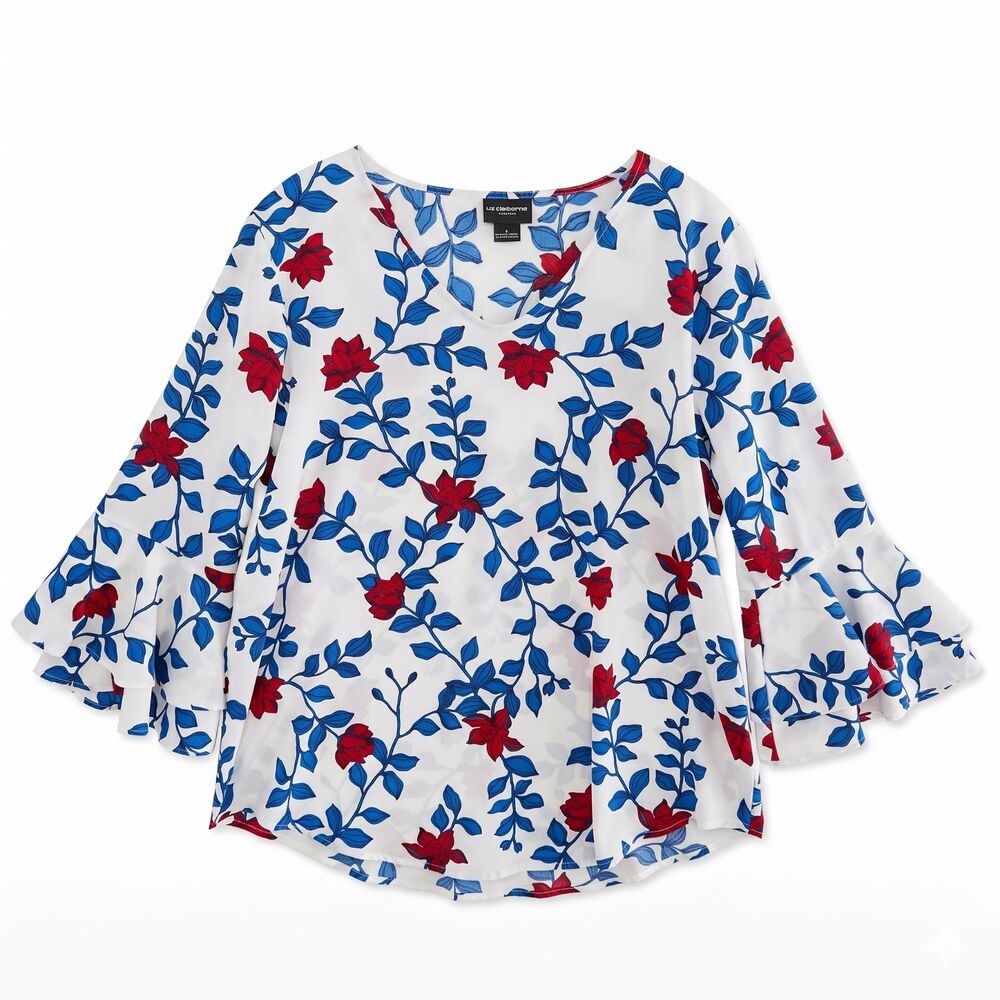 Liz Claiborne White Floral Top Blouse Size L Career 3\4 Bell Sleeve V-Neck Boho